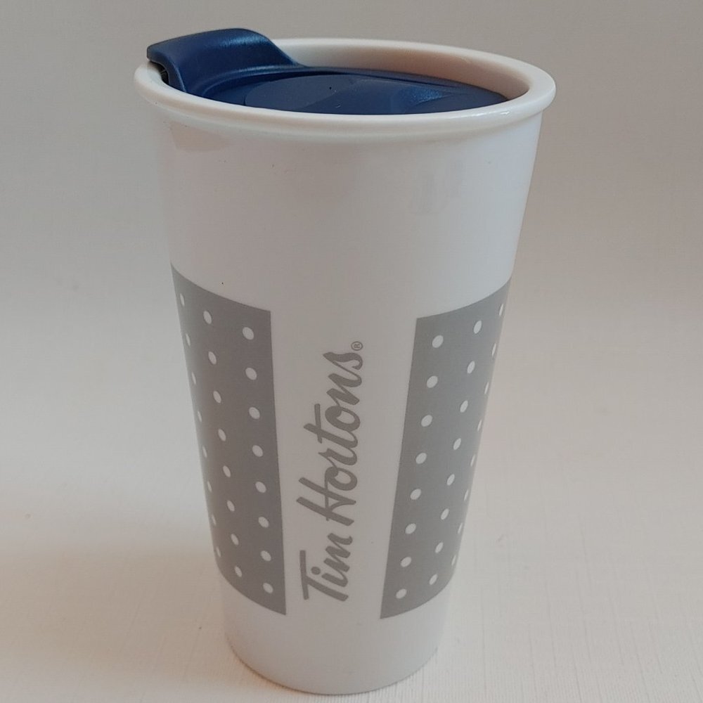 2016 Tim Hortons Travel Mug Tumblr with Lid Grey Dots
